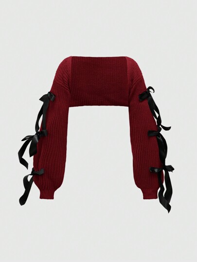 Kawaii Cardigan casual et léger à manches lanternes avec nœud papillon décoratif, superposable pour femmes. Top à manches longues