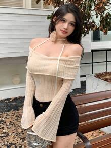 DAZY 女士纯色修身露肩长袖毛衣，春秋款透明，秋季女装 - 米色 - 查看 4