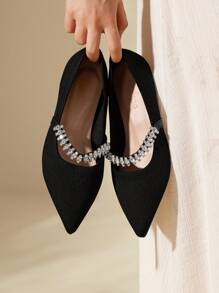 CUCCOO BASICS Rhinestone Decor Point Toe Ballet Flats Vacation Shoes Summer Elegant Flats Back To School Shoes College Student Shoes Halloween - Black - View 1