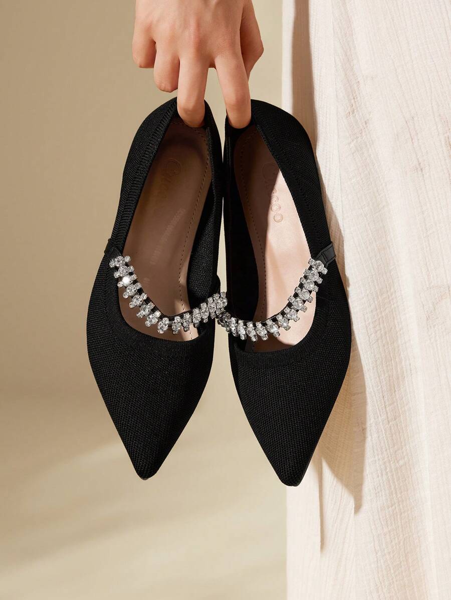 CUCCOO BASICS Rhinestone Decor Point Toe Ballet Flats Vacation Shoes Summer Elegant Flats Back To School Shoes College Student Shoes Halloween - Black - View 1