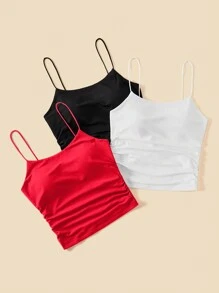 SHEIN Essnce Áo ba lỗ cổ tròn bó sát thoải mái cho nữ mùa hè thoáng khí cơ bản áo hai dây nữ áo ngực miễn phí áo ba lỗ, gói 3 - Đỏ - Xem 4