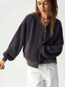 Bohemela Casual Open Front Pockets Loose Drop Shoulder Long Sleeve  Jacket - Black - View 4