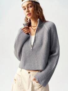 Bohemela Suéter informal de unicolor con mangas raglán y cuello para mujer - Gris - Ver 4