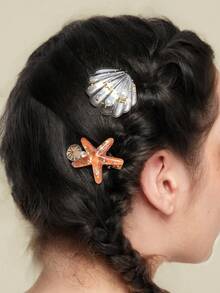 SHEIN MOD 4 件装女士可爱珍珠/鲍鱼、多巴胺、闪光、不对称形状、贝壳海洋海星发夹，适合海滩度假 - 彩色 - 查看 2