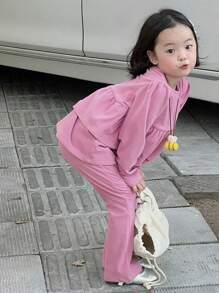 DAZY 2pcs/Set Young Girl Solid Color Crew Neck Long Sleeve Ruffle Hem Top And Pants Casual Outfit, Spring Autumn