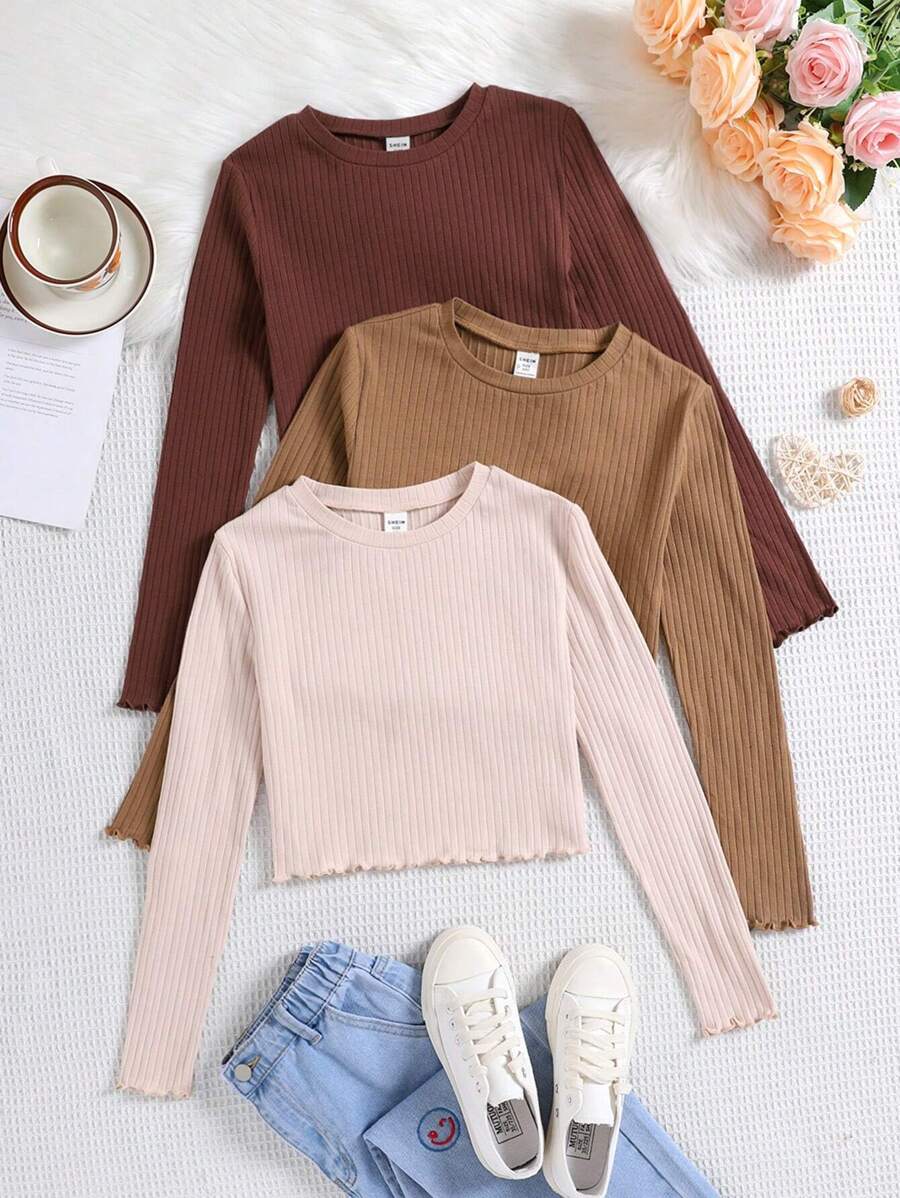 SHEIN Leap Crew 3 件套 Tween 女童罗纹长袖短款上衣 - 彩色 - 查看 1