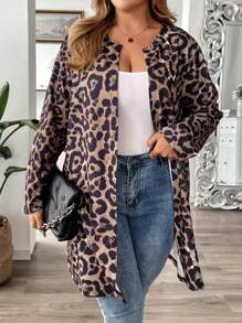 SHEIN VCAY Plus Size Women's Spring Autumn Leopard Print Long Sleeve Open Front Casual Jacket