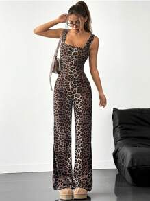 SHEIN EZwear Women's Summer Fashion Leopard Print Sleeveless Jumpsuit - Brown - View 1