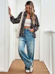 Chiquease Women's Regular Leopard Print Long Sleeve Baseball Jacket With Hem Drawstring - Multicolor - View 3