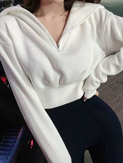 DAZY 1件女士纯色短款收腰翻领卫衣，秋季长袖上衣，返校季服装，秋季女装连帽衫