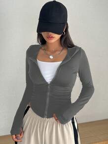 DAZY 女士修身连帽开衫 T 恤 - 灰色 - 查看 4