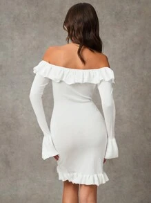 SHEIN BAE Đầm len ôm sát vai Ruffle Hem màu trơn thanh lịch dành cho nữ, mùa xuân/thu - trắng - Xem 2