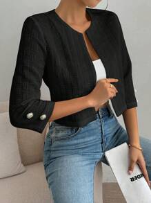 SHEIN Essnce 女士休闲时尚复古风格纯色前开短款七分袖夹克女式工作夹克教师服装教师夹克秋季女装商务女装 - 黑色 - 查看 6