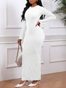 Đầm dài tay ôm dáng, màu trơn, chất liệu có họa tiết, thanh lịch dành cho nữ, màu trắng, thích hợp cho mùa thu xuân. - trắng - Xem 2