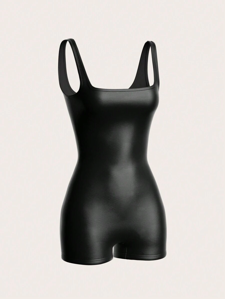 SHEIN EZwear 大码女式黑色弹力 PU 方领连体裤 - 黑色 - 查看 1