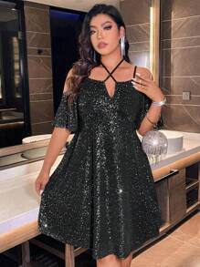 Abito da festa con spalle scoperte e glitter per taglie comode - nero - Visualizzare 4