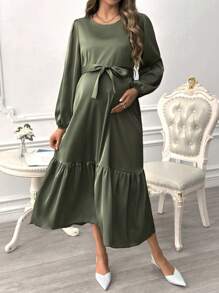 SHEIN 孕妇纯色圆领长袖前系带休闲连衣裙 - 軍綠色 - 查看 4