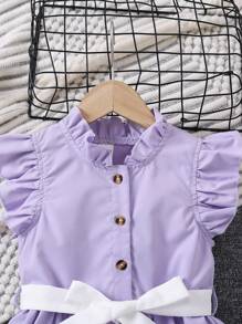 SHEIN Váy thường ngày bèo nhún và nơ màu tím cho bé gái, phù hợp cho bé từ 4-7 tuổi, thời trang cổ điển cho hoạt động ngoài trời, tiệc tùng, du lịch - Màu tím - Xem 4