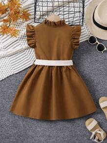 SHEIN Elladie kids 年轻女孩荷叶边蝴蝶结装饰休闲连衣裙，适合 4-7 岁女孩，外出、聚会、旅行、时尚经典 - 棕色 - 查看 2