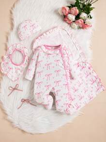 SHEIN 3-teiliges Set Baby Mädchen Schlafanzug mit Schmetterling Muster, weiß, Langarm, mit Romper, Hut und Lätzchen