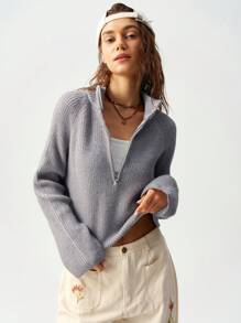 Bohemela Suéter informal de unicolor con mangas raglán y cuello para mujer - Gris - Ver 3