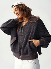 Bohemela Casual Open Front Pockets Loose Drop Shoulder Long Sleeve  Jacket - Black - View 1