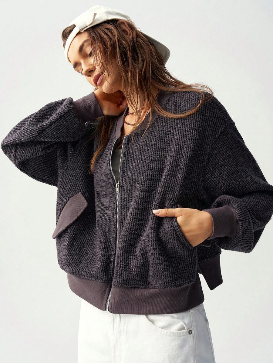 Bohemela Casual Open Front Pockets Loose Drop Shoulder Long Sleeve  Jacket - Black - View 1