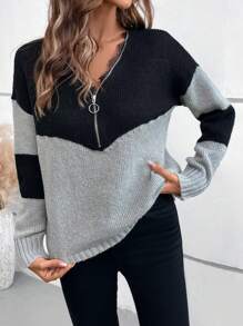 SHEIN LUNE Fashionable New Zip-Up Knitted Sweater, European And American Design Sense, Lace Patchwork, Casual Versatile Pullover
