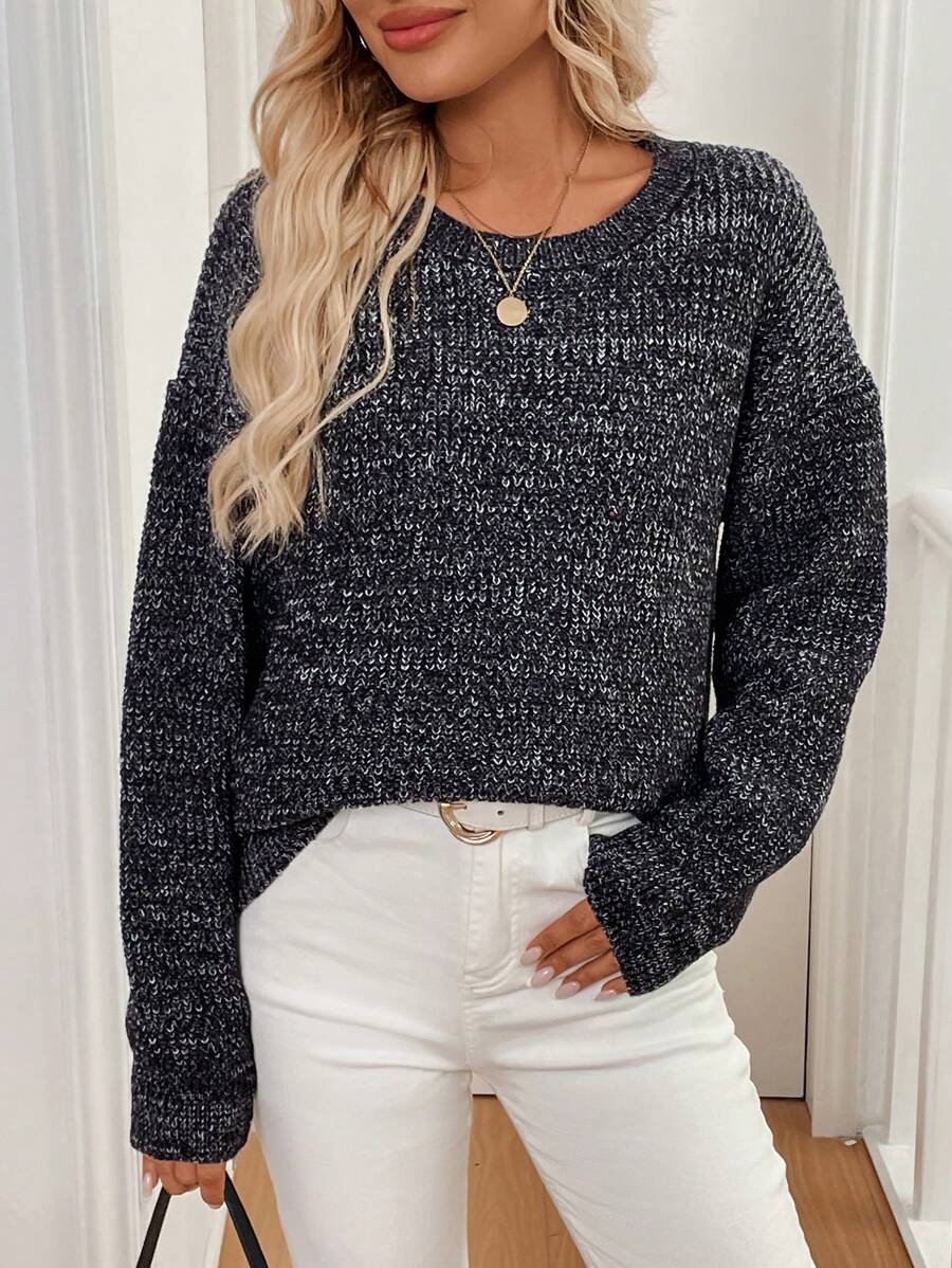 SHEIN LUNE Plain Crew Neck Long Sleeve Knit Sweater, Knit Pullover Fall Winter - Black and White - View 1