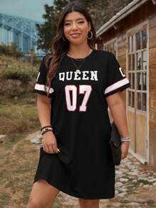 SHEIN LUNE Plus Size Women's Summer Letter Print Crew Neck Short Sleeve Casual T-Shirt Dress