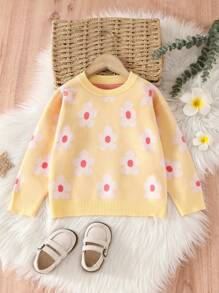 Suéter de punto casual con estampado floral para niña joven, otoño/invierno - Amarillo - Ver 1