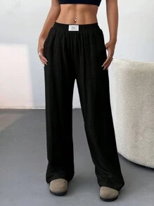 SHEIN EZwear Women's Woven Casual Wide Leg Letter Printed Elastic Waist Palazzo Pants,Ladies Spring/Fall Casual Patched,Pocket Natural Straight Leg Long Black Viscose Loose Women Pants,Casual Daily Wear - Black - View 5