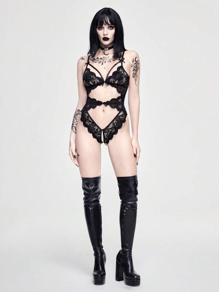 Sind das neue Damen Gothic Spitze Ausschnitt Schleife Rschen sexy  offenbarendes Clubwear Dessous Bodysuit ??| ROMWE