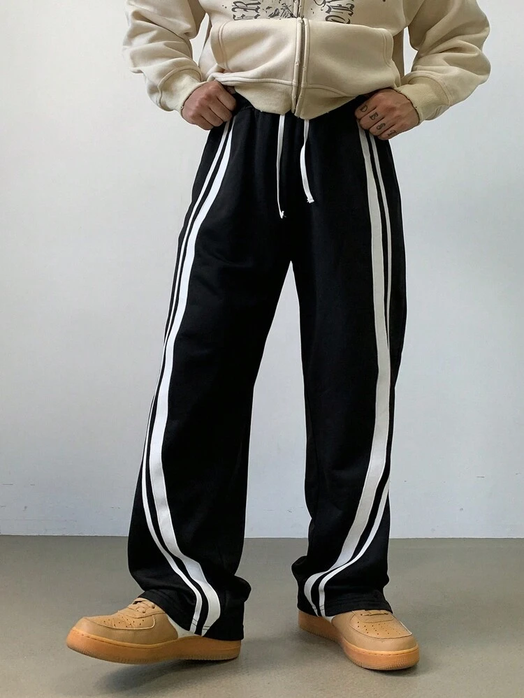 Calça Casual Masculina com Listras Contrastantes, Joggers Masculinos de Outono