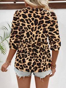 SHEIN LUNE Bluse mit Leopardenmuster, Rundhalsausschnitt und Schößchen - Schwarz - Übersicht 2