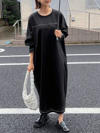 FRIFUL Sukienka damska z długim rękawem i okrągłym dekoltem w kontrastowym kolorze, z obniżonymi ramionami i kieszeniami, na wiosnę, jesień i jesień