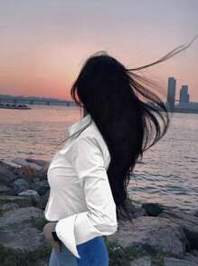INAWLY 女式纯色简约长袖衬衫 - 白色 - 查看 2