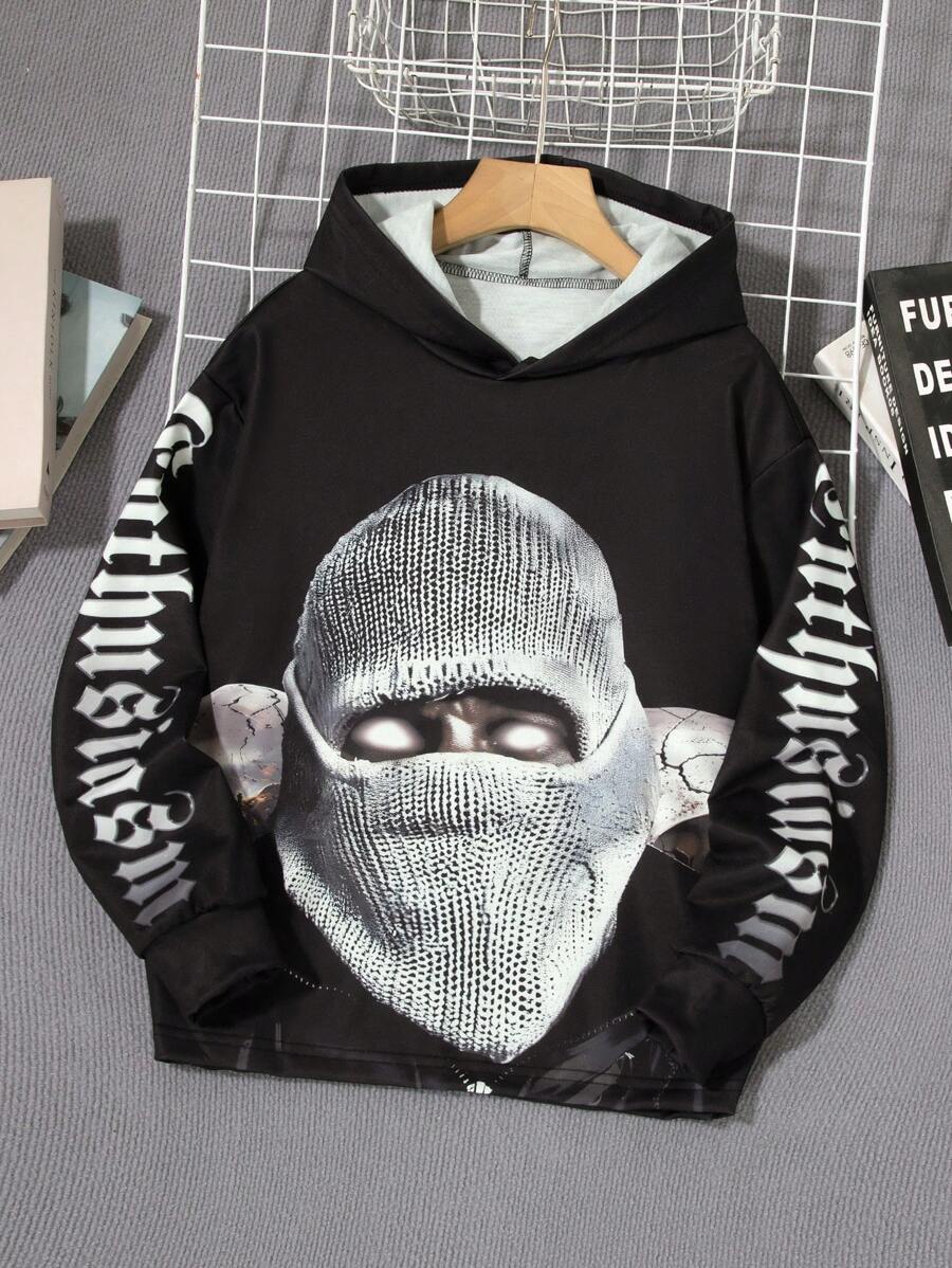 SHEIN Tween Boy Cool Character Graphic Print Hooded Sweatshirt Jacket - Black - View 1