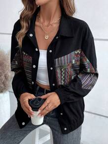 EMERY ROSE Women's Geometric Print Front Button Casual Long Sleeve Jacket - Black - View 6