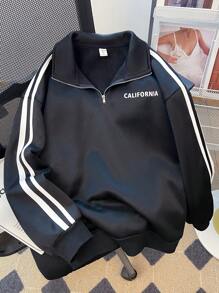 Sudadera holgada de punto negro para adolescentes con estampado universitario en inglés de estilo casual