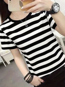 INAWLY 女士夏季条纹印花短袖休闲 T 恤图案 T 恤女式上衣