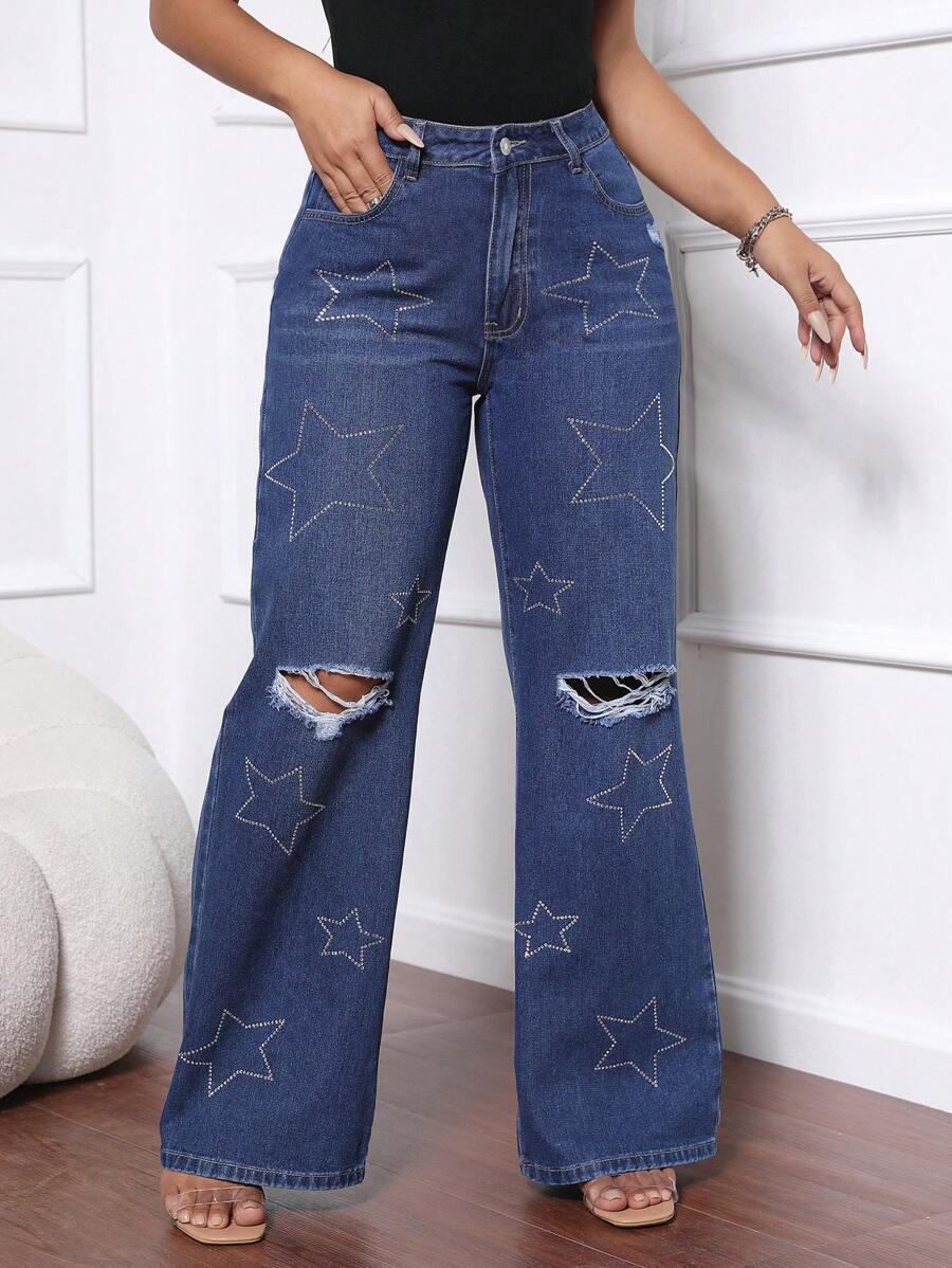 SHEIN SXY Jeans de pierna ancha con cierre delantero, bolsillos múltiples, desgastados, con estampado de estrellas - Azul lavado oscuro - Ver 1