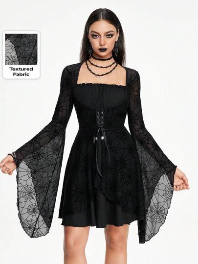 Goth Vestido mini con mangas acampanadas con lazo, bajo asimétrico y diseño de telaraña texturizada por parches, adecuado para Halloween