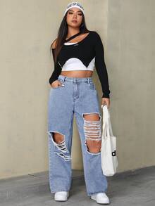 SHEIN ICON Damen Große Größen Boyfriend Jeans in lockerer Passform mit Rissen und Taschen - Helle Waschung - Übersicht 6