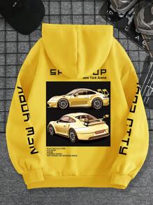 INAWLY 休闲汽车标志印花抽绳连帽衫，带保暖内衬，秋冬季 - 黃色 - 查看 1