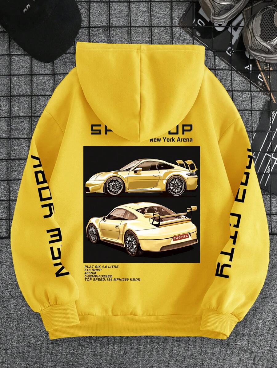 INAWLY 休闲汽车标志印花抽绳连帽衫，带保暖内衬，秋冬季 - 黃色 - 查看 1