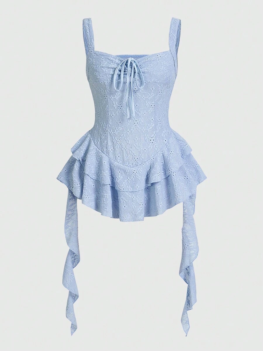 SHEIN ICON Y2k Spring Break Summer Outfits Perspective Hollow Out Cami Long Ruffle White Mini Dress - Baby Blue - View 1