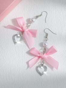 ROMWE Kawaii 1pair Cute Pink Bow Heart Earrings For Women, Daily Wear Valentines,Mom,Mother,Mother's Day,Gift - Multicolor - View 4