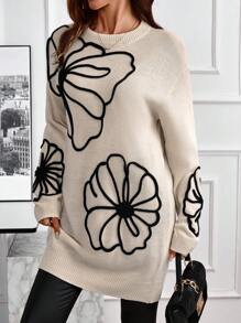 EMERY ROSE Women's Embroidered Long Sleeve Crew Neck Knitted Sweater Dress - Apricot - View 4