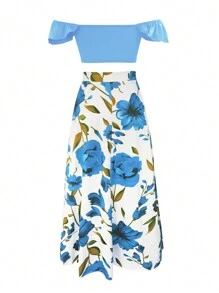 INAWLY Set 2 Potong Blus Tanpa Lengan dan Rok Belahan Bawah Motif Bunga untuk Wanita - Biru - View 2